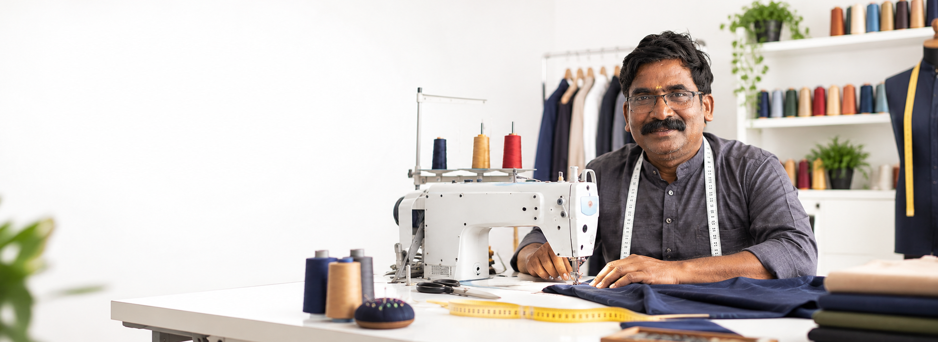 Tailor carefully working with fabric at a sewing machine